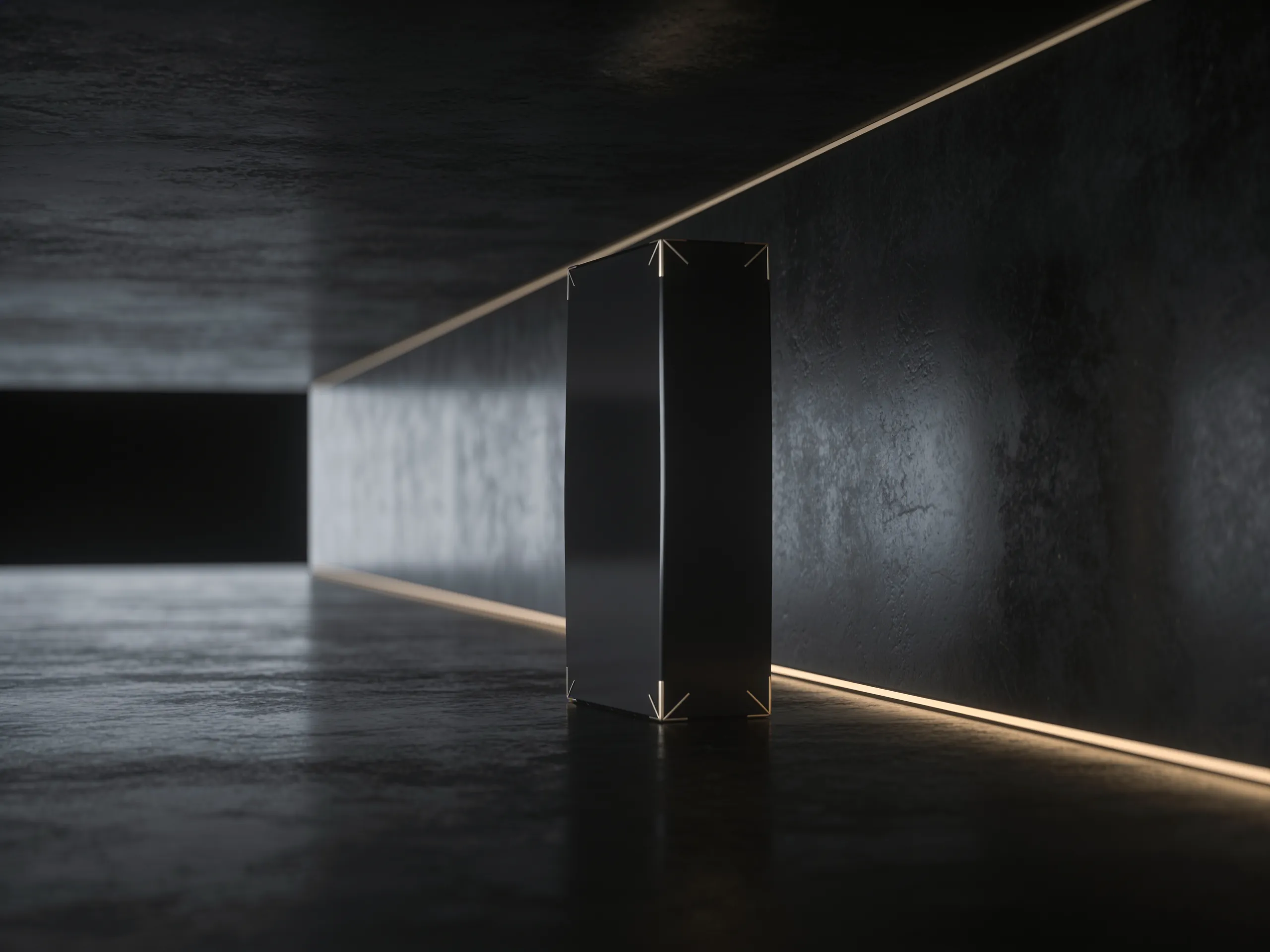 A standing obsidian slab beside a gold light line in a stone room