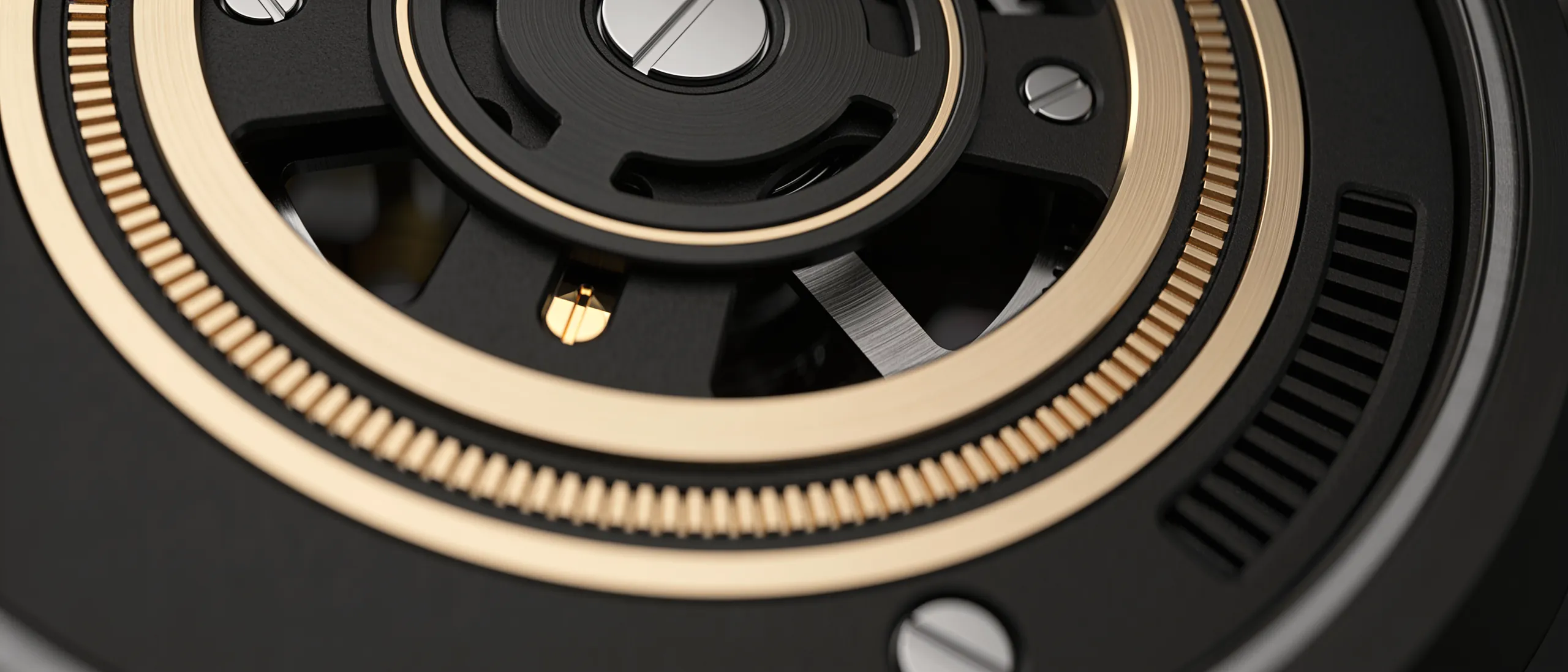 Macro of a precision mechanism in black metal and gold