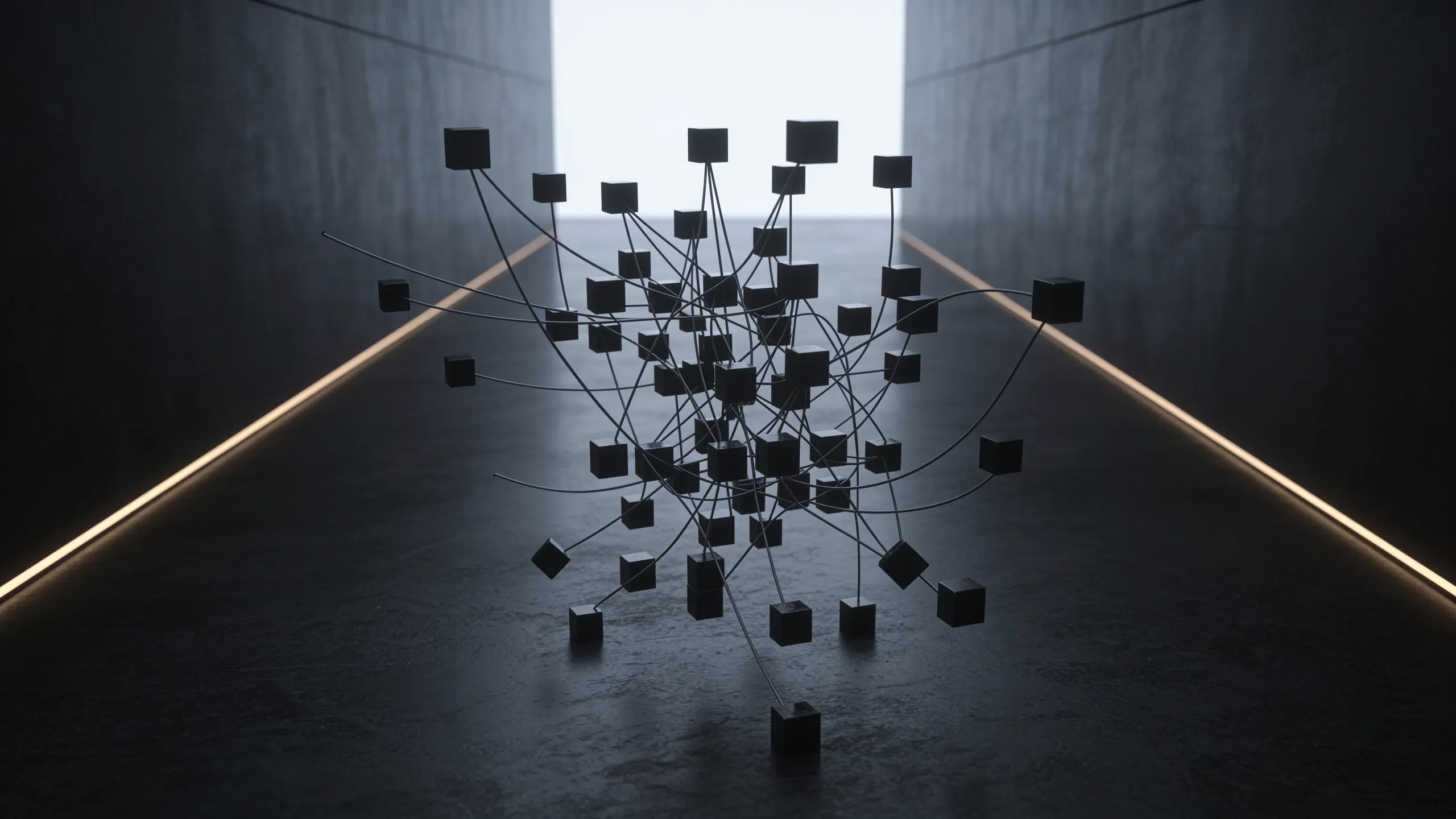 Black blocks tangled in loose threads inside a dark stone room